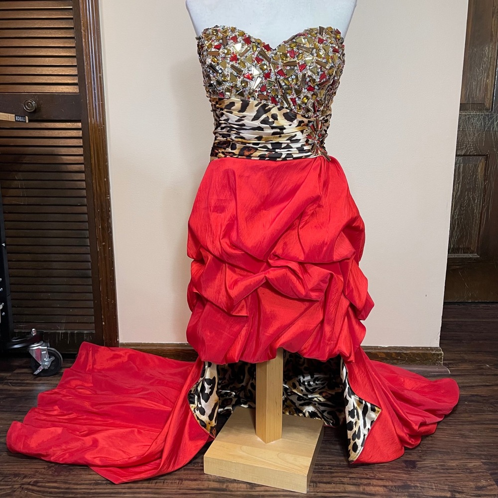 Riva Designs Red and Gold High-Low Beaded Leopard Prom Dress